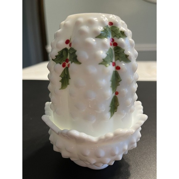 Vintage Fenton Hobnail Milk Glass Fairy Lamp, Hand-Painted Christmas Holly